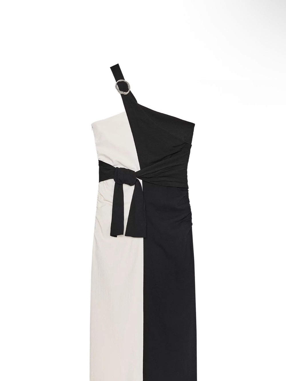 Zara One-Shoulder Black & White Midi Dress with Buckle Strap